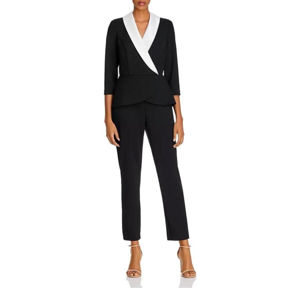 Adrianna Papell Sz Small Black & White Satin Collar Pantsuit w/ peplum/back zip - Picture 3 of 14